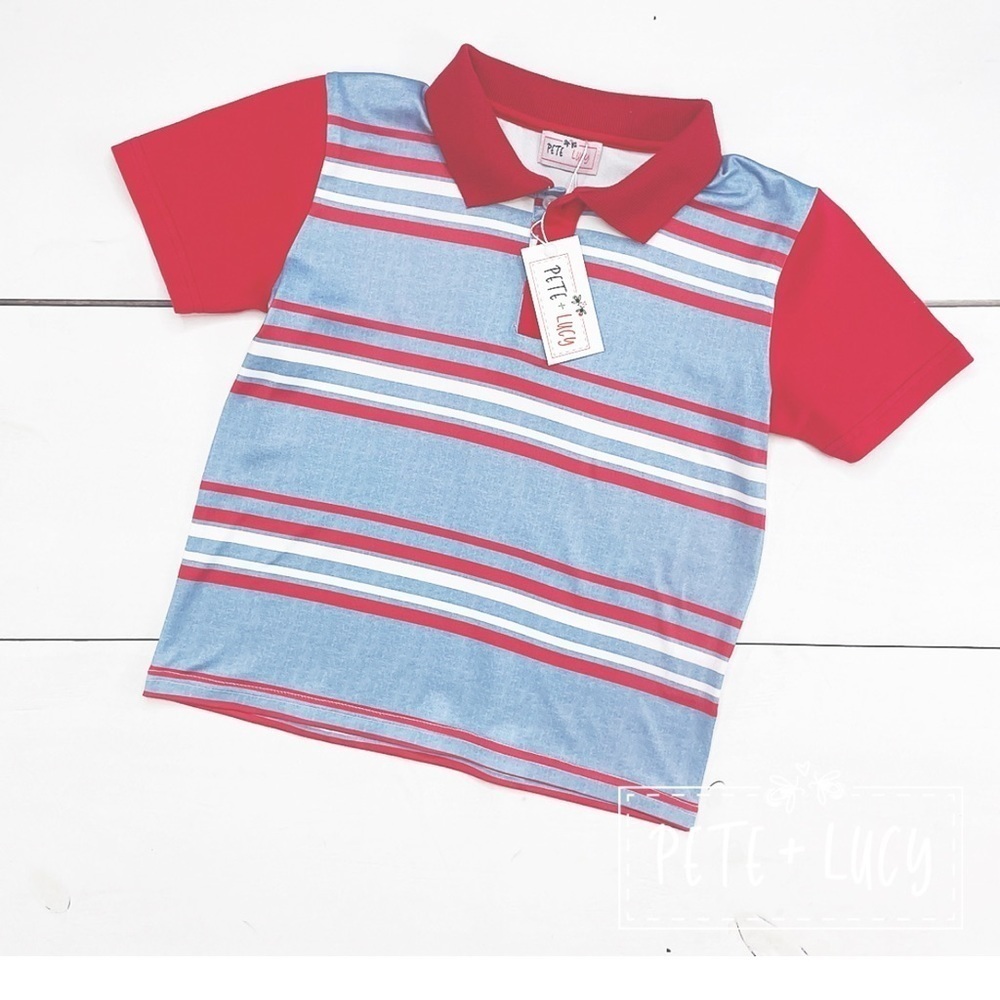 Pete and Lucy Short Sleeve Polo Shirt Red White and Blue Striped Patriotic Boys